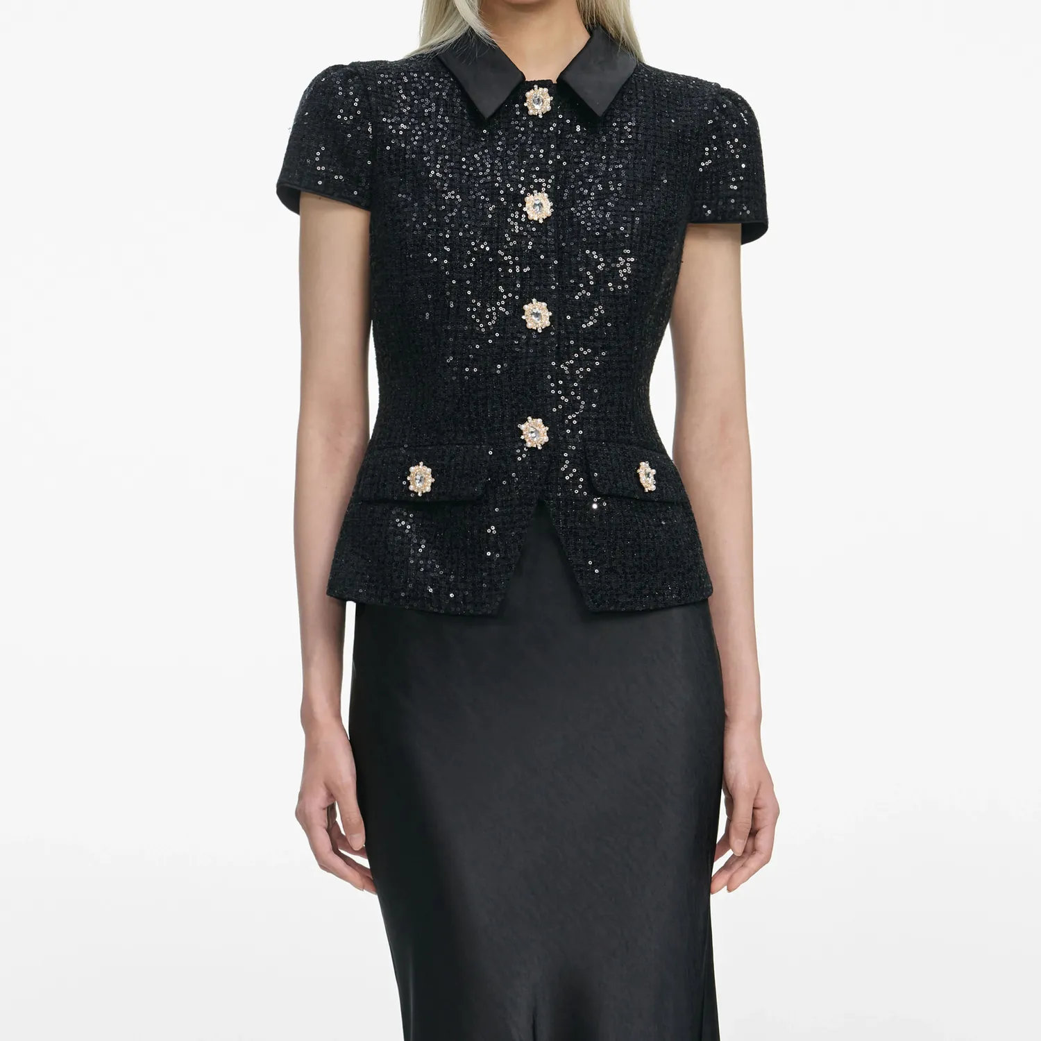 Black Sequin Boucle Satin Maxi Dress (2) Black Sequin Boucle Satin Maxi Dress - Image 2