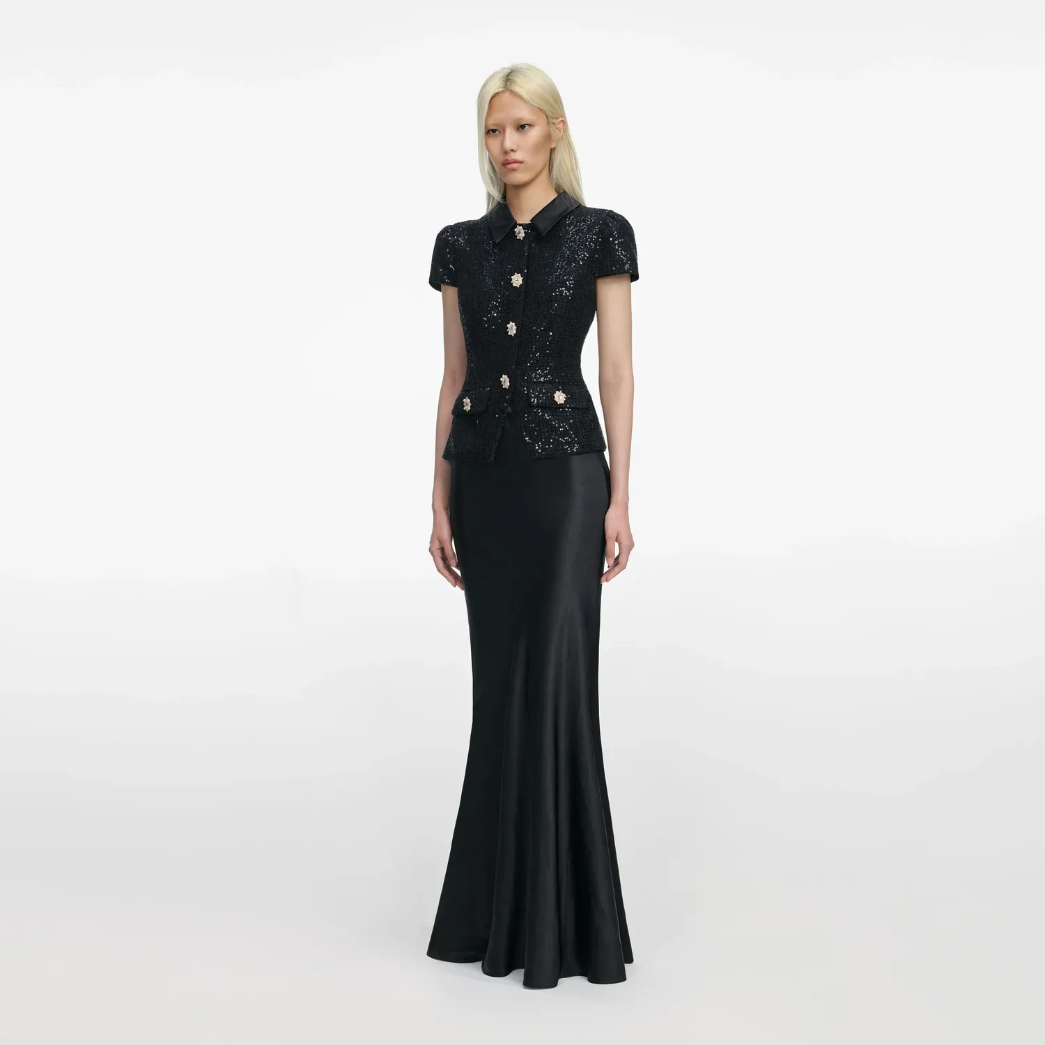Black Sequin Boucle Satin Maxi Dress (3) Black Sequin Boucle Satin Maxi Dress - Image 3