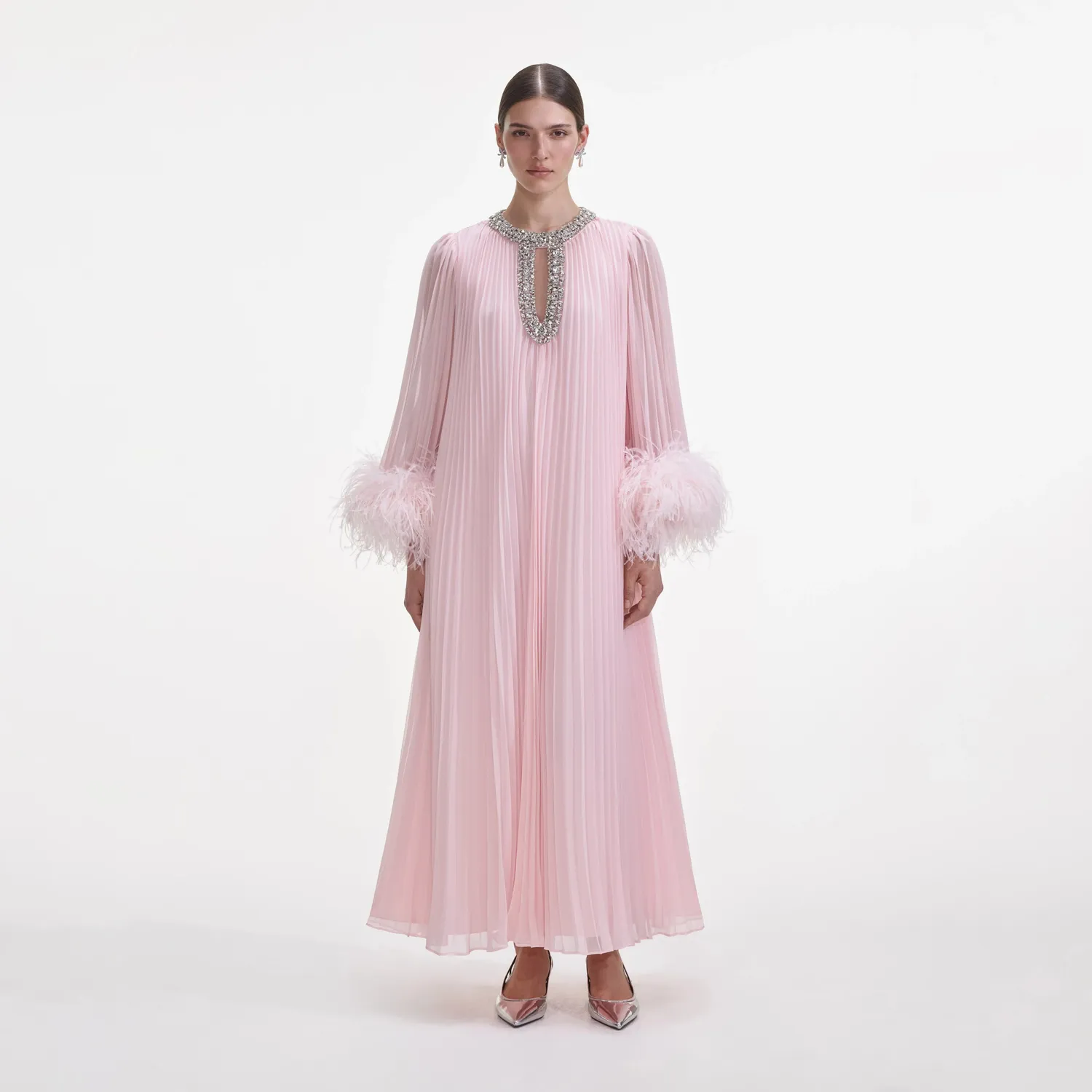 Pink Chiffon Feather Midi Dress (1) Pink Chiffon Feather Midi Dress - Image 1