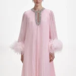 Pink Chiffon Feather Midi Dress - Image 2